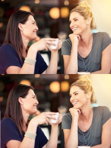Create meme: friend, conversation with, girls laughing in a cafe