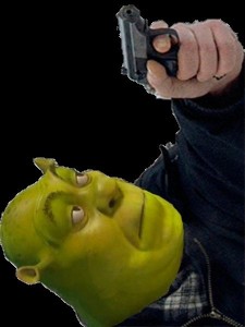 Create meme: high Shrek with a gun, Shrek with a gun, Shrek with a gun meme