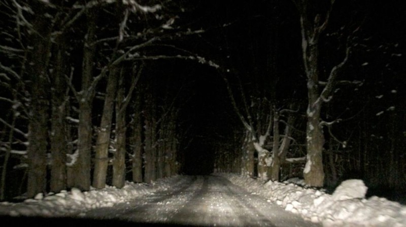 Создать мем: зимняя дорога, снег, темный лес