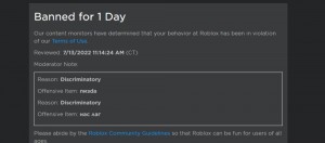 Создать мем: ban roblox, бан в роблоксе, roblox ban 1 day