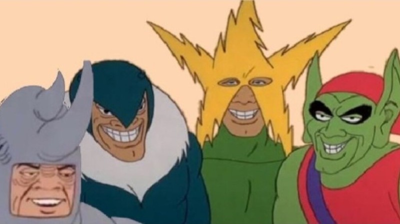 Создать мем: 4 злодея из человека паука мем, злодей мем, мы с пацанами мем с носорогом