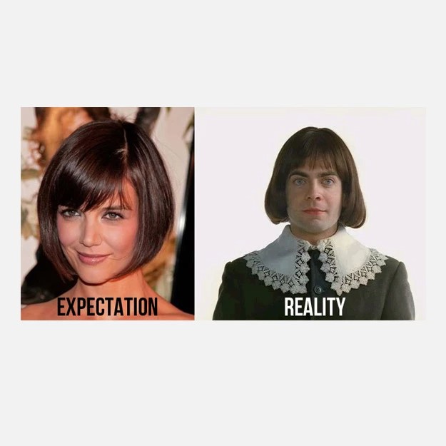 Create meme: 2020 memes expectation reality, haircuts for a thin face, bangs expectation and reality