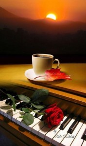 Создать мем: вечер кофе цветы, прекрасный вечер кофе, роза на клавишах рояля