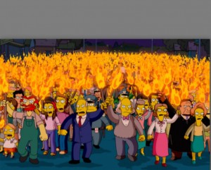 Create meme: the simpsons the torches and pitchforks, the simpsons crowd with torches, the simpsons with torches