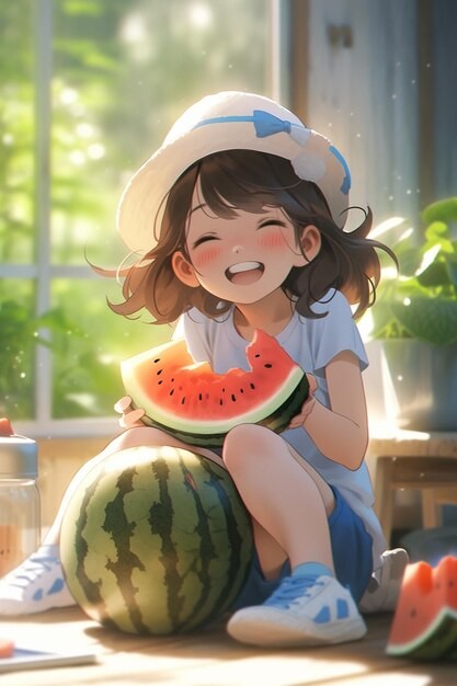 Create meme: watermelon anime, summer anime art, cute anime