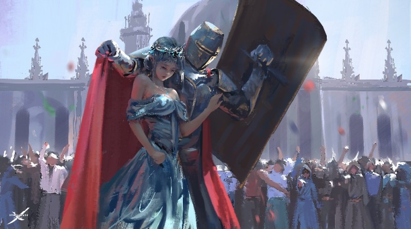Создать мем: wlop рыцарь щит, by wlop рыцарь, рыцарь прикрывает принцессу щитом