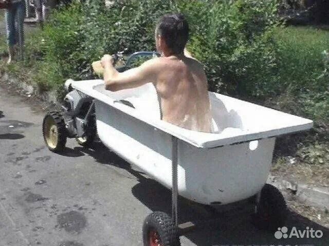 Create meme: a bathtub on wheels, a garden wheelbarrow is a joke, a bathtub on wheels with a motor