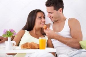 Create meme: young couple, Breakfast in bed, breakfast in bed