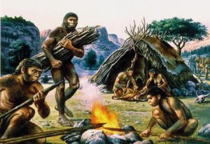 Create meme: ancient people, primitive people around a campfire, illustration