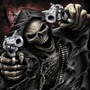 Create meme: skull with guns, skeleton with a gun, skeleton with a gun