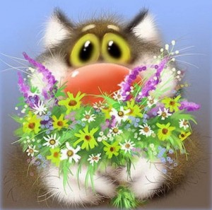 Create meme: a cartoon cat with a bouquet of flowers, happy birthday, cat with bouquet of flowers pictures