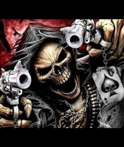 Создать мем: скелет с револьвером, крутые черепа, череп с оружием