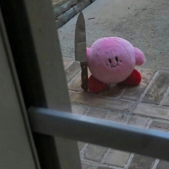 Create meme: Kirby with a knife, pink toy with a knife, kirby knife good night meme