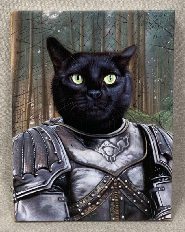 Создать мем: котик в доспехах, кошка черная, кот картина