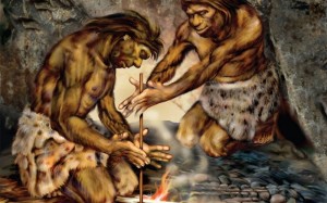 Создать мем: неандертальцы и огонь, добыча огня, добывание огня
