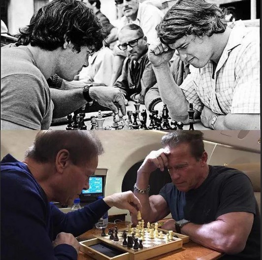 Create meme: Arnold Schwarzenegger , chess player , the trick 