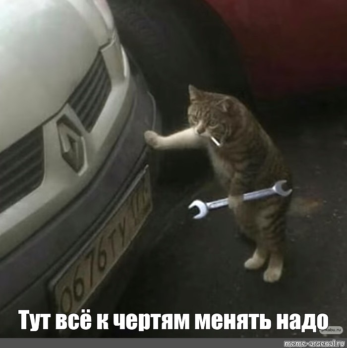 Все тут. Кот чинит машину. Кот чинит машину Мем. Тут всё к чертям менять надо кот. Мем кот тут менять надо.