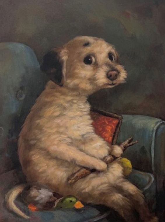 Создать мем: грустная собачка, картина собаки, собака художник