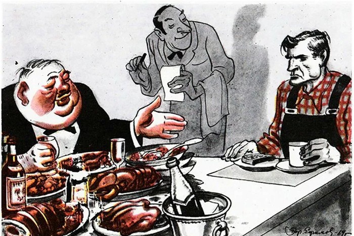 Create meme: in the restaurant the Union of labor and capital, a caricature of a bourgeois and a worker in the USSR, restaurant union of labor and capital caricature