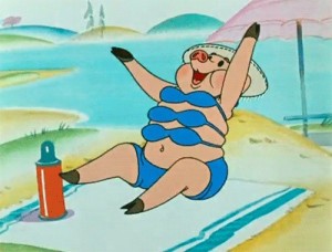 Создать мем: свинья на пляже, свинья в купальнике, ну погоди свинья на пляже