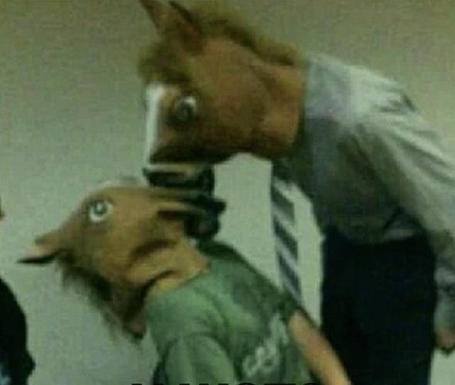 Create meme: horse head mask, horse head, people 