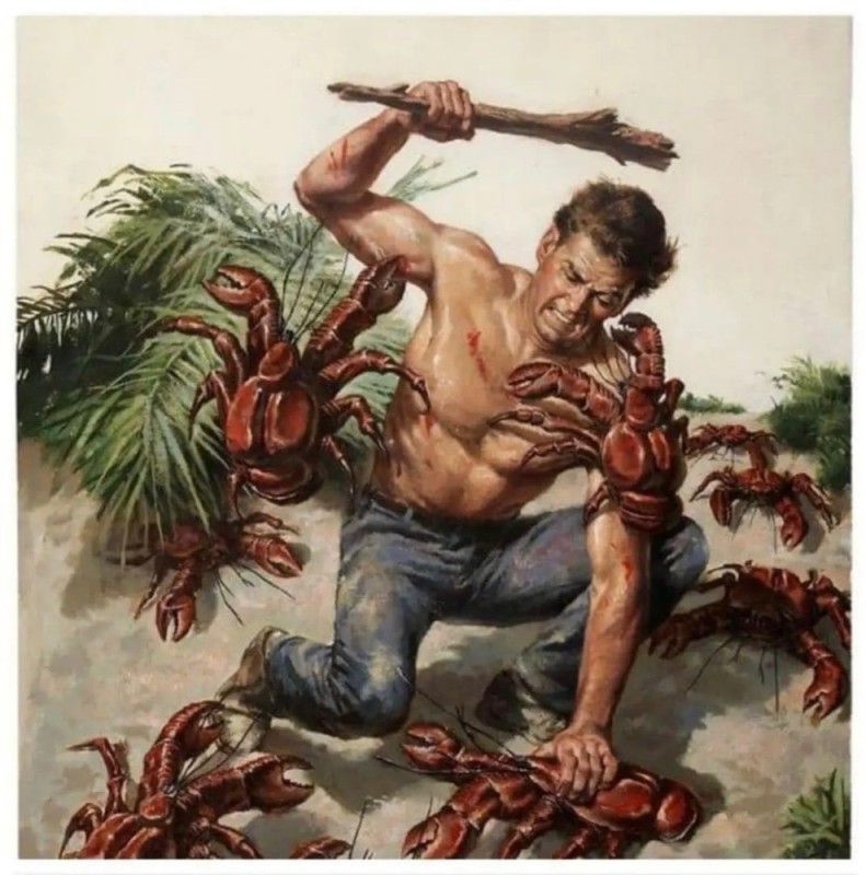 Create meme: a man fights with crabs, man vs crabs, a man fights off crabs