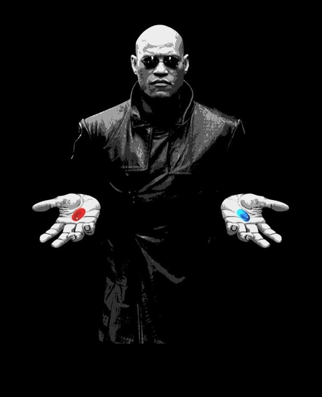 Создать мем: матрица морфеус, морфеус красная и синяя таблетка, матрица морфеус таблетки
