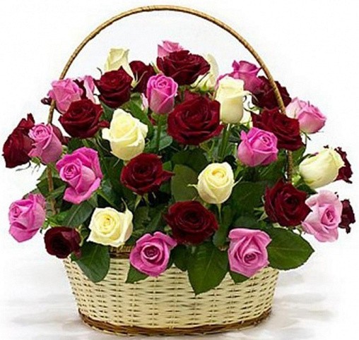 Create meme: basket of flowers , burgundy roses in the basket, basket with roses