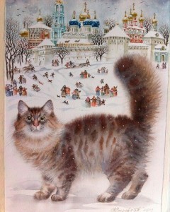 Создать мем: зимний кот, живопись - татьяна хазова, снежные коты татьяны хазовой картины