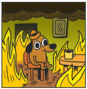 Create meme: this is not fine, burning house, this is fine dog