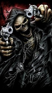 Create meme: a skeleton with a revolver, skull with guns, cool skeleton