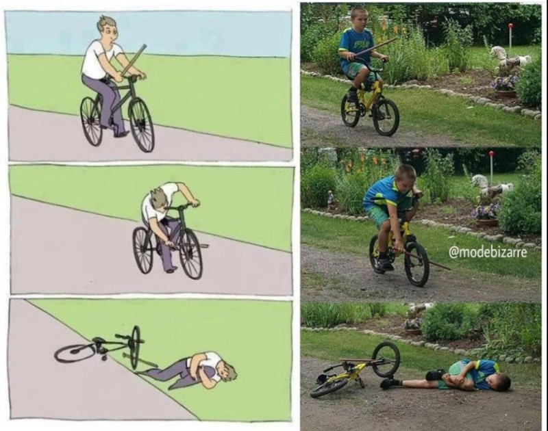 Create meme: clear jokes, meme on a bike with a stick, meme of bike spokes in the wheel