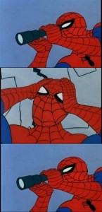 Создать мем: человек паук показывает на человека паука, мем с человеком пауком, человек паук мем бинокль