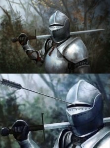 Создать мем: рыцарь стрела в шлеме арт, средневековый рыцарь, рыцарь со стрелой в шлеме