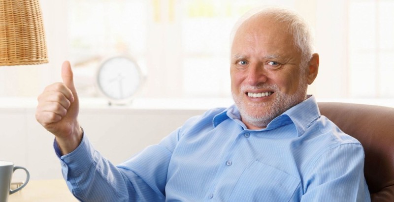 Create meme: grandfather Harold , Harold smile, meme Harold hide the pain