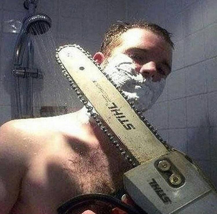 Create meme: shaving with a chainsaw, people , chainsaw and knife 2 men