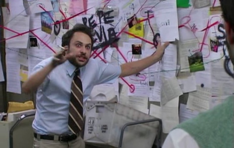 Create meme: meme conspiracy theory office, people , Charlie day theory