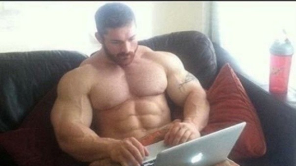 Create meme: pumped-up man meme, Jock meme, Jock with a laptop