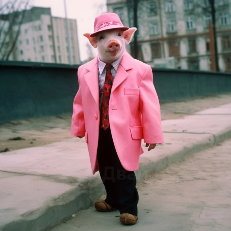 Создать мем: розовый клоун, свинья, костюм свиньи