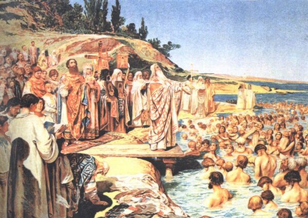Создать мем: крещение киевлян, крещение руси картина, крещение князя владимира
