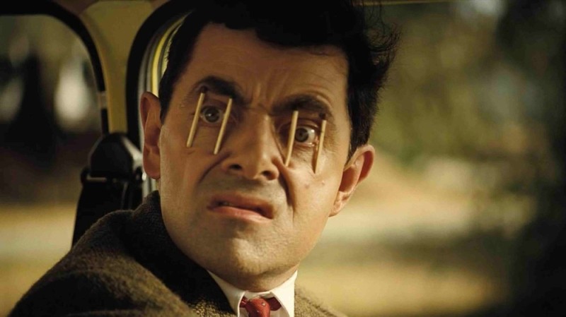 Create meme: Mr bean matchsticks in the eyes, Rowan Atkinson Mr bean, Mr. bean with matches in the eyes