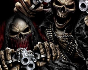 Create meme: skull with guns, the skeleton is cool, skeleton with a gun