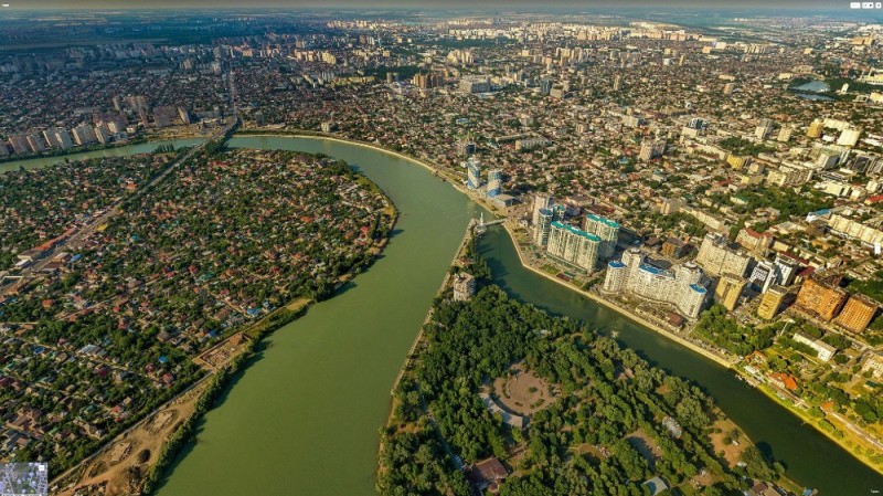 Create meme: Krasnodar from a bird's eye view, the Kuban river in Krasnodar from above, Krasnodar Kuban river top view
