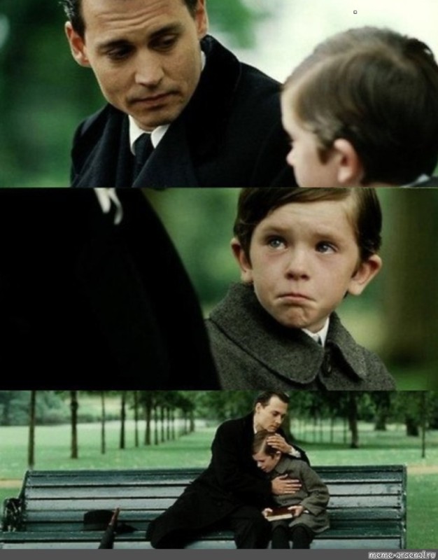 Create meme: meme johnny Depp and the boy on the bench, a frame from the movie, freddie highmore meme