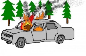 Создать мем: горит машина рисунок, транспортное средство, Медведь в машине горит