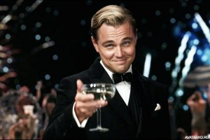 Create meme: Leonardo DiCaprio cheers, Leonardo DiCaprio the great Gatsby, DiCaprio with a glass of