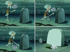 Create meme: squidward puts flowers on the grave, squidward burying, meme squidward grave