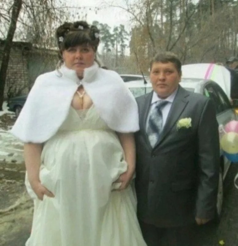 Create meme: a weird wedding dress, fat bride skinny groom, fat girlfriend