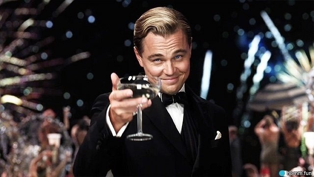 Create meme: Leonardo DiCaprio raises a glass, Leonardo DiCaprio the great Gatsby, Leonardo DiCaprio with a glass of