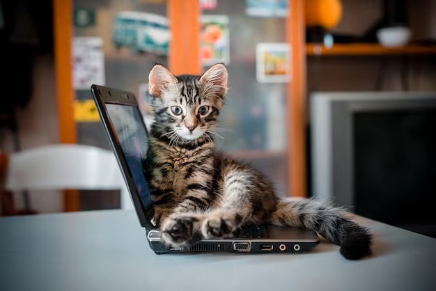 Создать мем: котенок за компьютером, кот, котик с ноутбуком